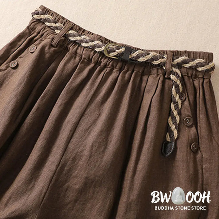 Buddha Stones Casual Solid Color Turn Up Cuff Belt Cotton Linen Women’s Shorts With Pockets - Women’s Shorts