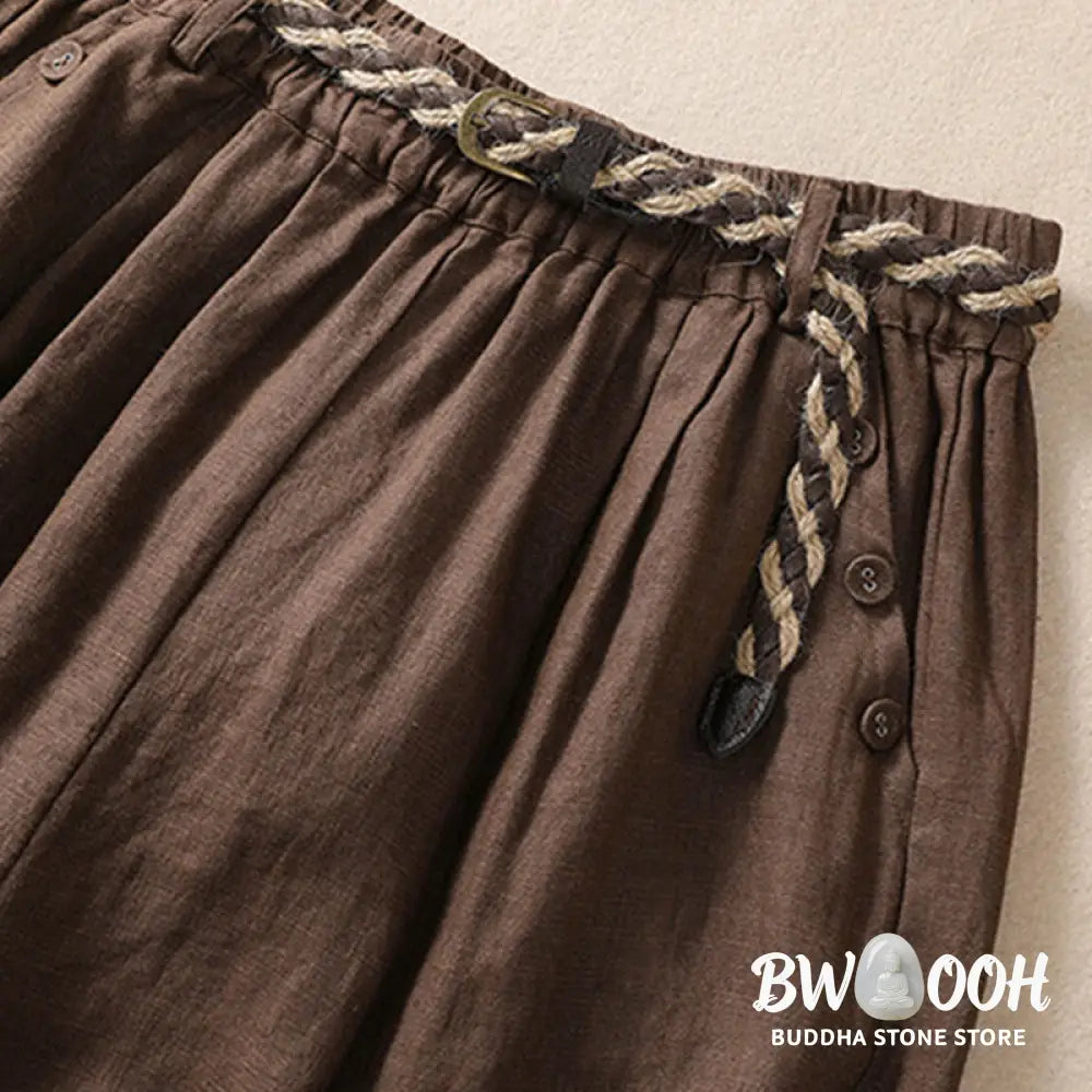 Buddha Stones Casual Solid Color Turn Up Cuff Belt Cotton Linen Women’s Shorts With Pockets - Women’s Shorts