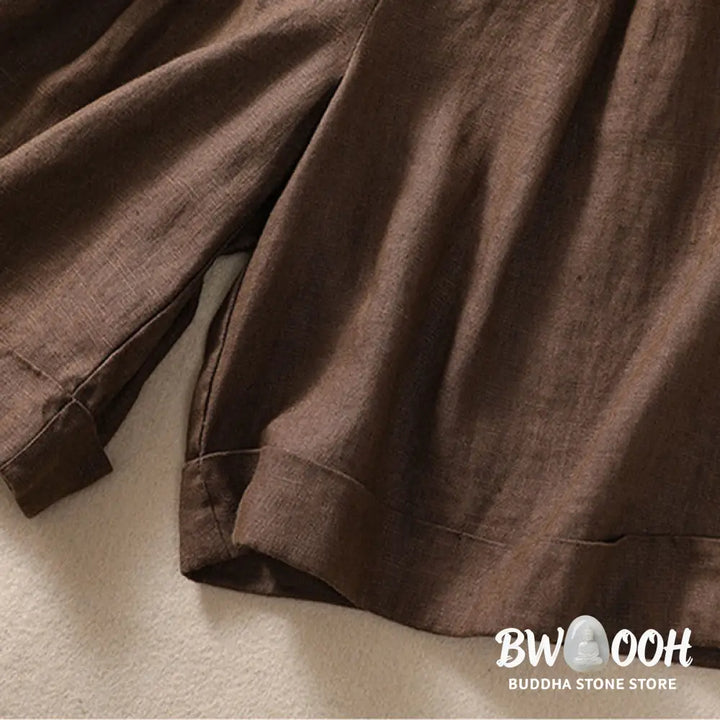 Buddha Stones Casual Solid Color Turn Up Cuff Belt Cotton Linen Women’s Shorts With Pockets - Women’s Shorts