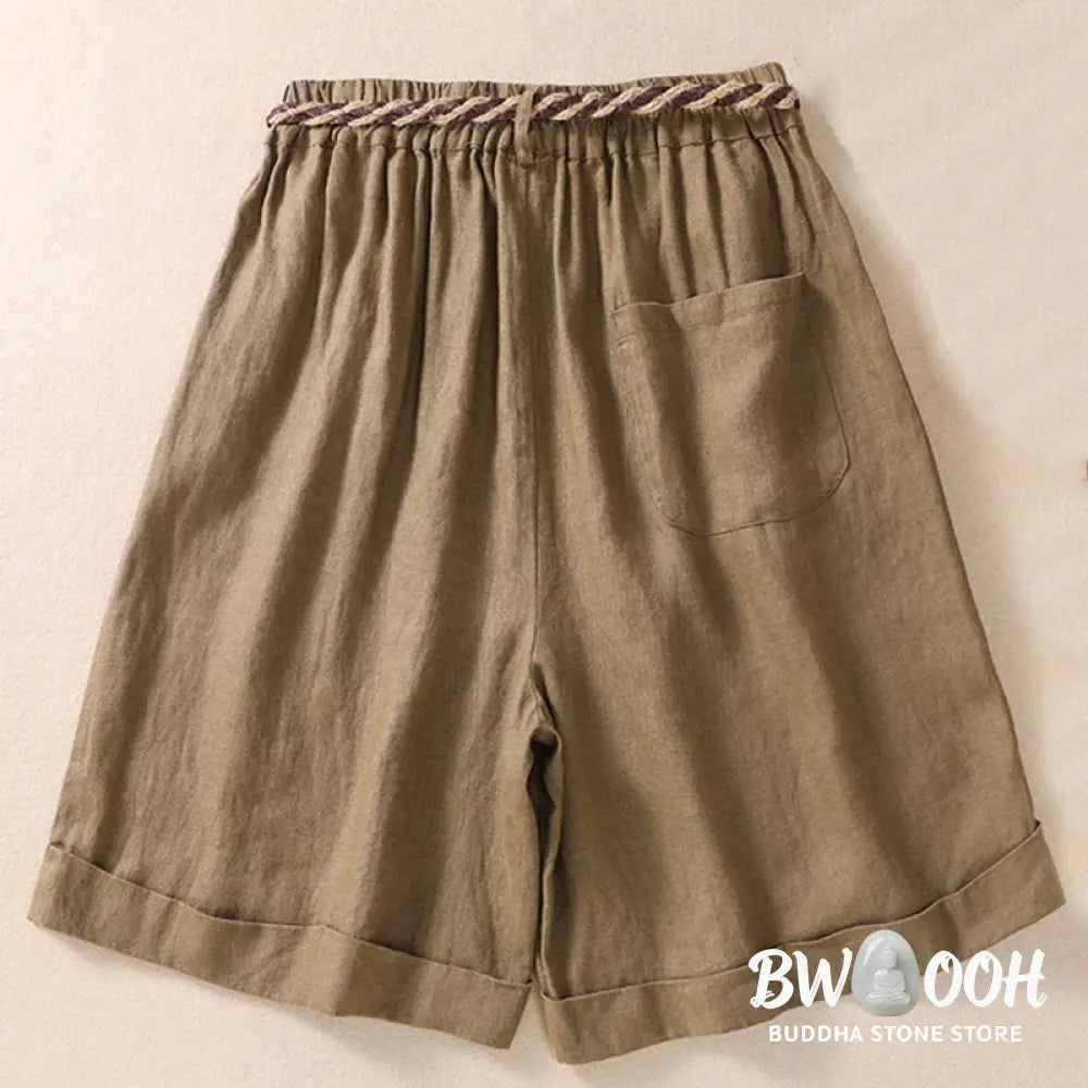 Buddha Stones Casual Solid Color Turn Up Cuff Belt Cotton Linen Women’s Shorts With Pockets - Women’s Shorts