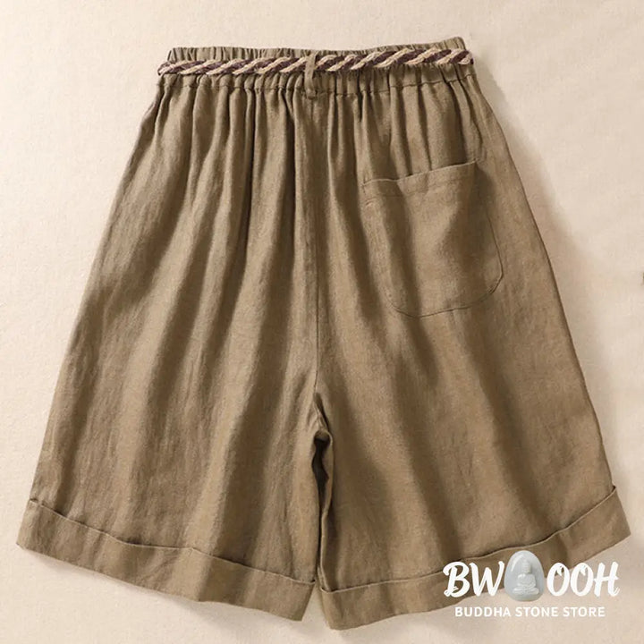 Buddha Stones Casual Solid Color Turn Up Cuff Belt Cotton Linen Women’s Shorts With Pockets - Women’s Shorts