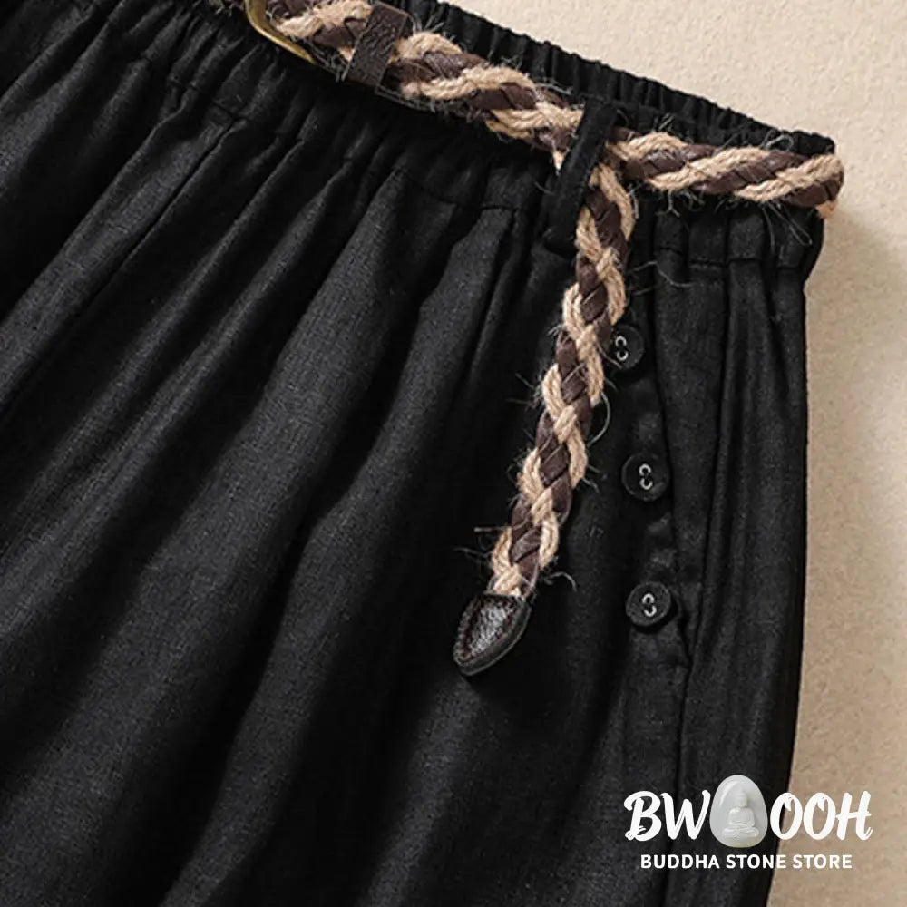 Buddha Stones Casual Solid Color Turn Up Cuff Belt Cotton Linen Women’s Shorts With Pockets - Women’s Shorts