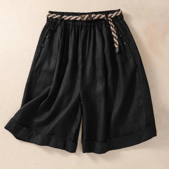 Buddha Stones Casual Solid Color Turn Up Cuff Belt Cotton Linen Women’s Shorts With Pockets - Black / US4，UK/AU8，EU36