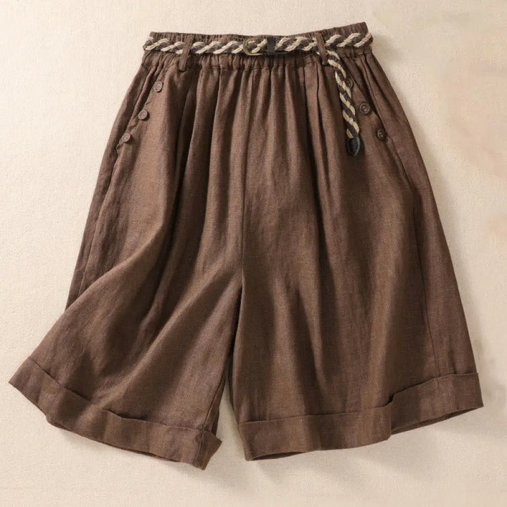 Buddha Stones Casual Solid Color Turn Up Cuff Belt Cotton Linen Women’s Shorts With Pockets - Sienna / US4，UK/AU8，EU36