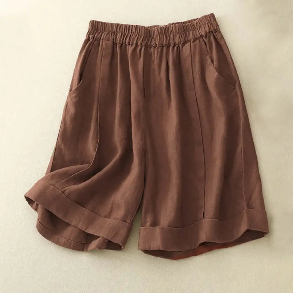 Buddha Stones Casual Solid Color Women’s Cotton Shorts With Pockets - SaddleBrown / US0，UK/AU4，EU32 (M) - Women’s Shorts
