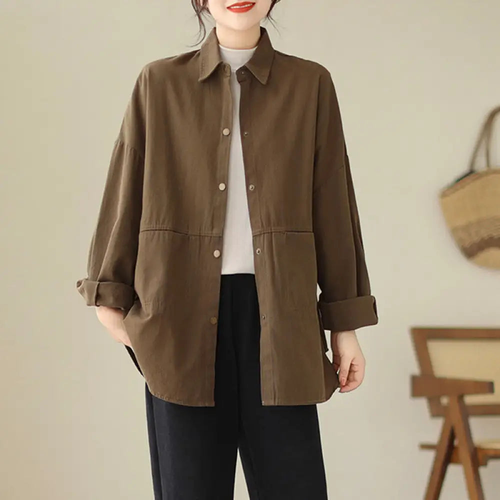Buddha Stones Casual Solid Color Women’s Long Sleeve Jacket With Pockets - SaddleBrown / US6，UK/AU10，EU38 (M) - Women’s