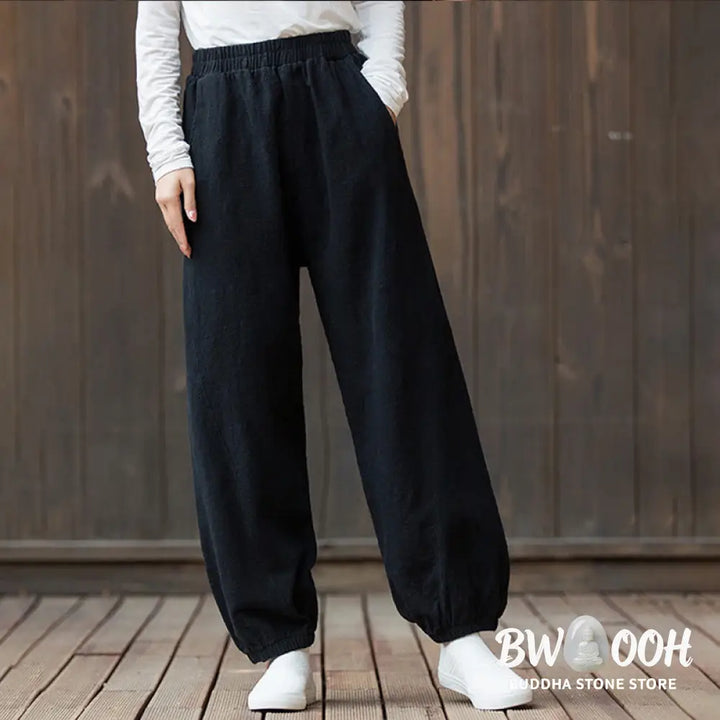 Buddha Stones Casual Solid Plain Color Carrot Elastic Waistband Cotton Ramie Women’s Pants With Pockets - Women’s Pants