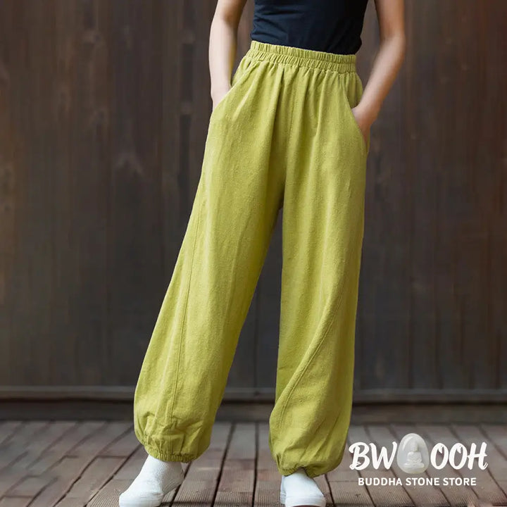 Buddha Stones Casual Solid Plain Color Carrot Elastic Waistband Cotton Ramie Women’s Pants With Pockets - Women’s Pants