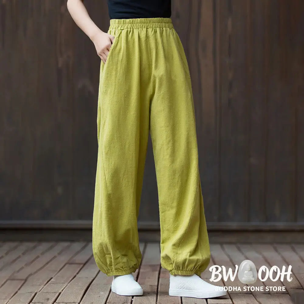 Buddha Stones Casual Solid Plain Color Carrot Elastic Waistband Cotton Ramie Women’s Pants With Pockets - Women’s Pants