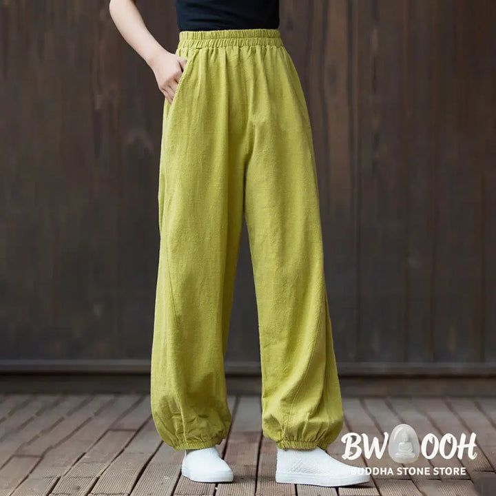 Buddha Stones Casual Solid Plain Color Carrot Elastic Waistband Cotton Ramie Women’s Pants With Pockets - Women’s Pants