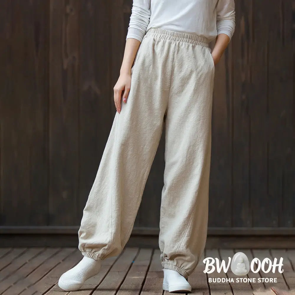 Buddha Stones Casual Solid Plain Color Carrot Elastic Waistband Cotton Ramie Women’s Pants With Pockets - Women’s Pants