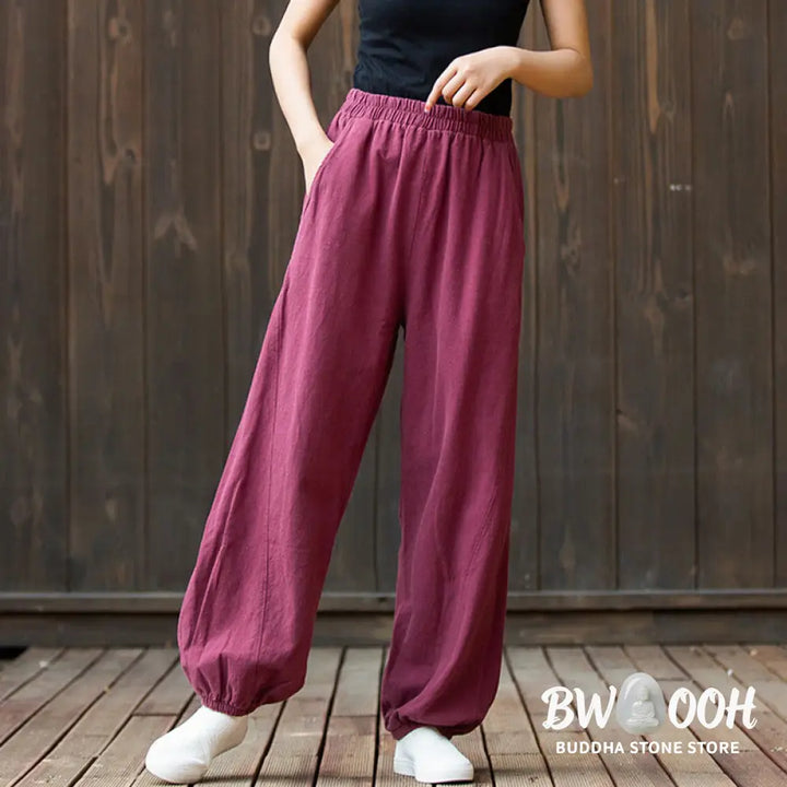 Buddha Stones Casual Solid Plain Color Carrot Elastic Waistband Cotton Ramie Women’s Pants With Pockets - Women’s Pants