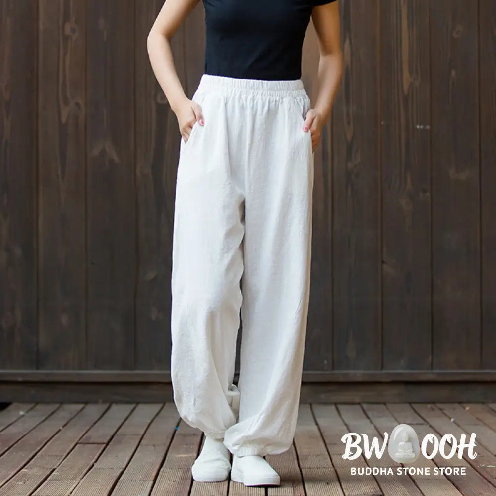 Buddha Stones Casual Solid Plain Color Carrot Elastic Waistband Cotton Ramie Women’s Pants With Pockets - Women’s Pants