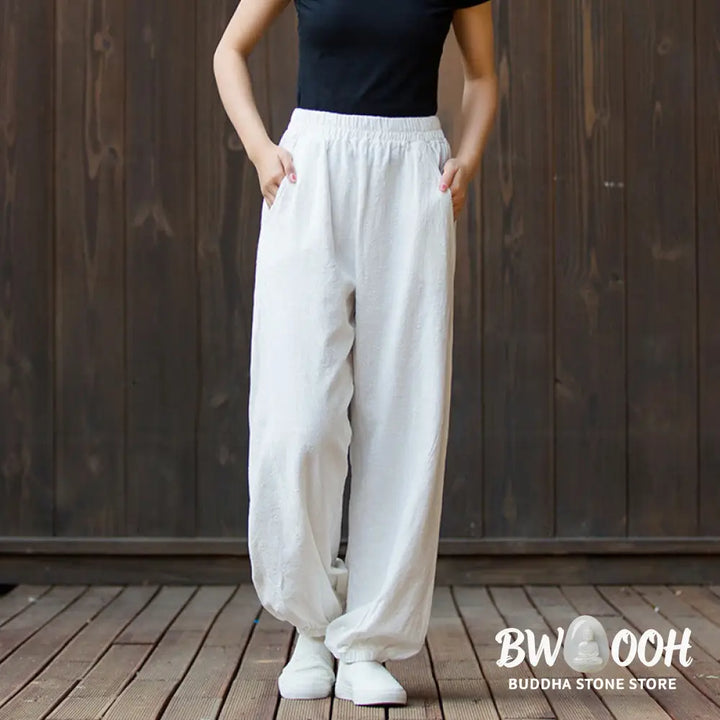 Buddha Stones Casual Solid Plain Color Carrot Elastic Waistband Cotton Ramie Women’s Pants With Pockets - Women’s Pants