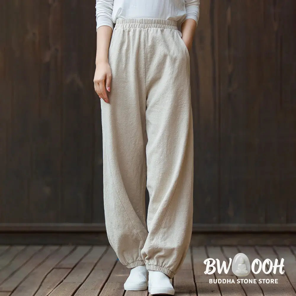 Buddha Stones Casual Solid Plain Color Carrot Elastic Waistband Cotton Ramie Women’s Pants With Pockets - Women’s Pants