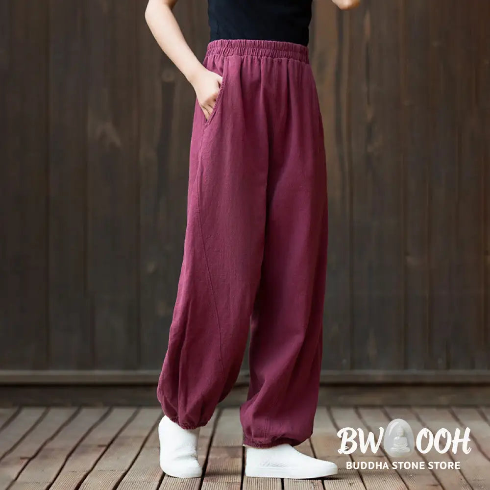 Buddha Stones Casual Solid Plain Color Carrot Elastic Waistband Cotton Ramie Women’s Pants With Pockets - Women’s Pants
