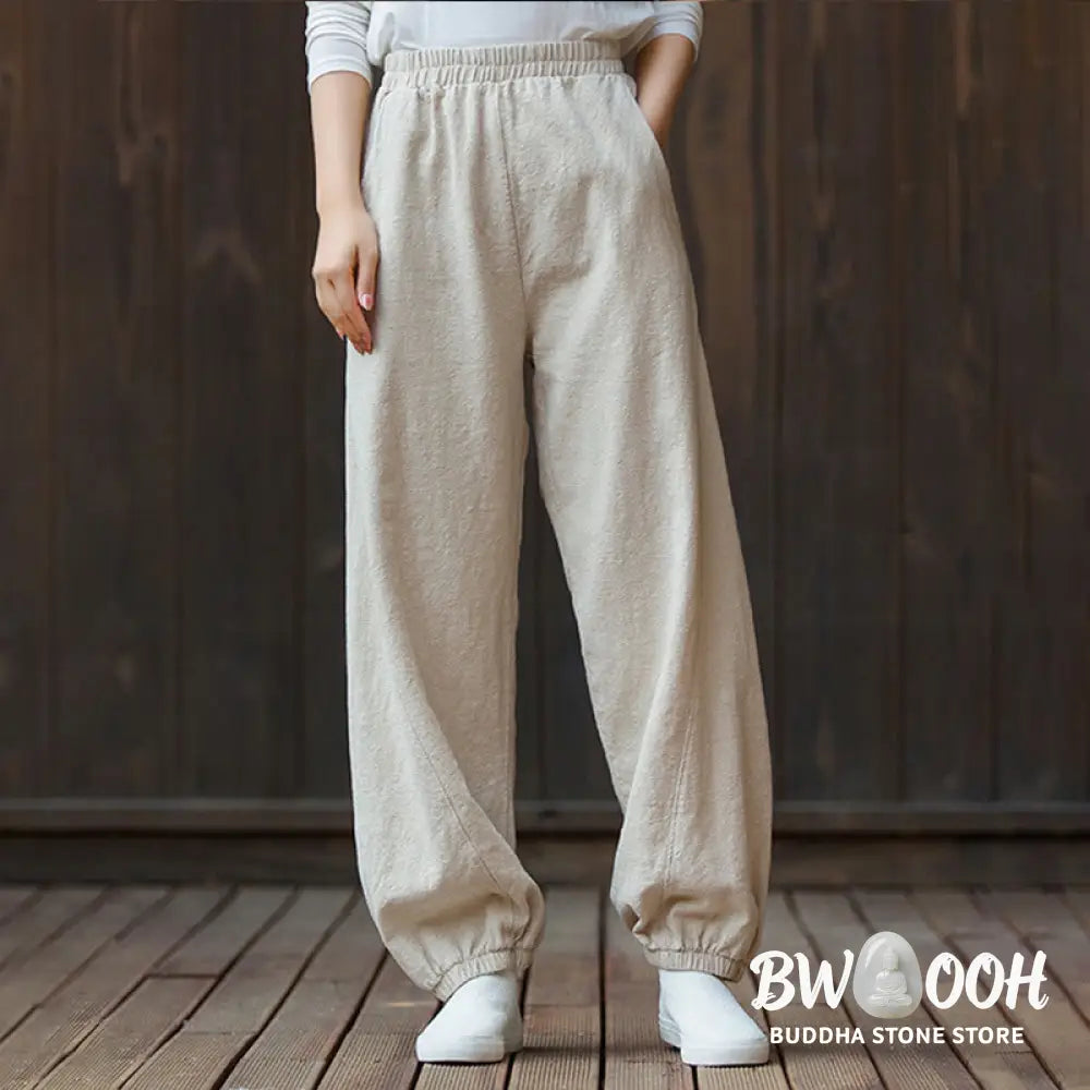 Buddha Stones Casual Solid Plain Color Carrot Elastic Waistband Cotton Ramie Women’s Pants With Pockets - Women’s Pants
