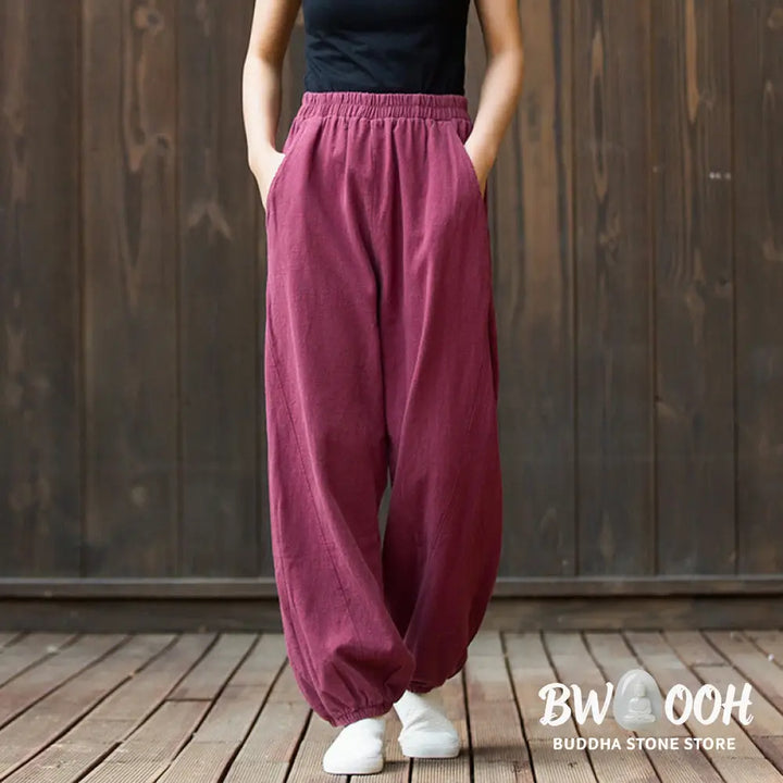 Buddha Stones Casual Solid Plain Color Carrot Elastic Waistband Cotton Ramie Women’s Pants With Pockets - Women’s Pants