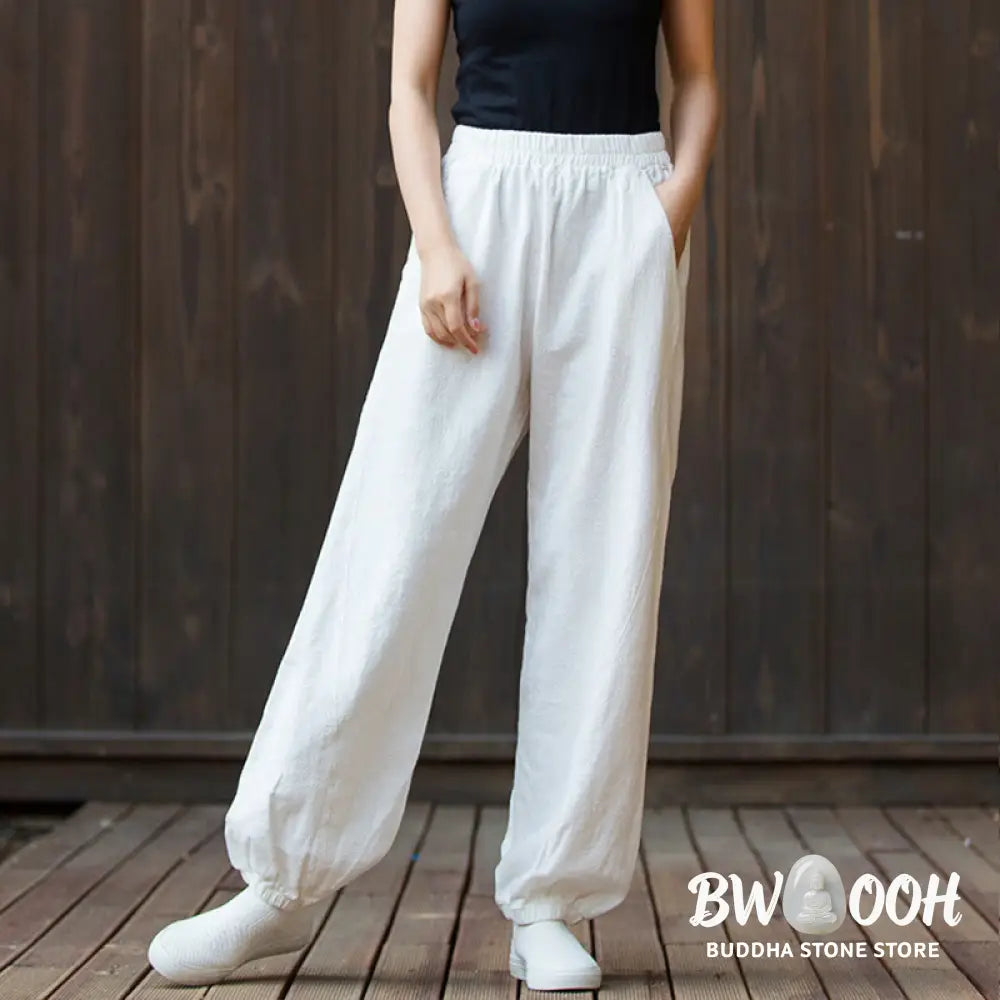 Buddha Stones Casual Solid Plain Color Carrot Elastic Waistband Cotton Ramie Women’s Pants With Pockets - Women’s Pants