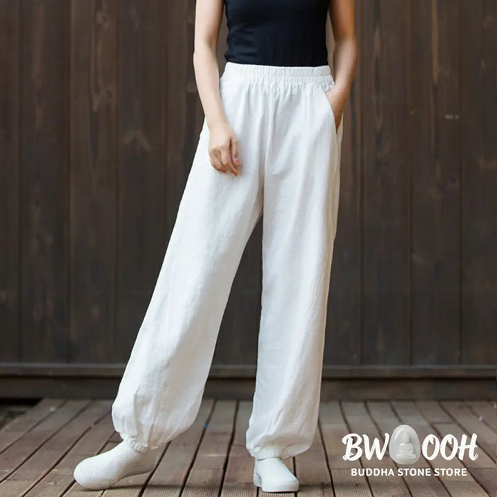 Buddha Stones Casual Solid Plain Color Carrot Elastic Waistband Cotton Ramie Women’s Pants With Pockets - Women’s Pants