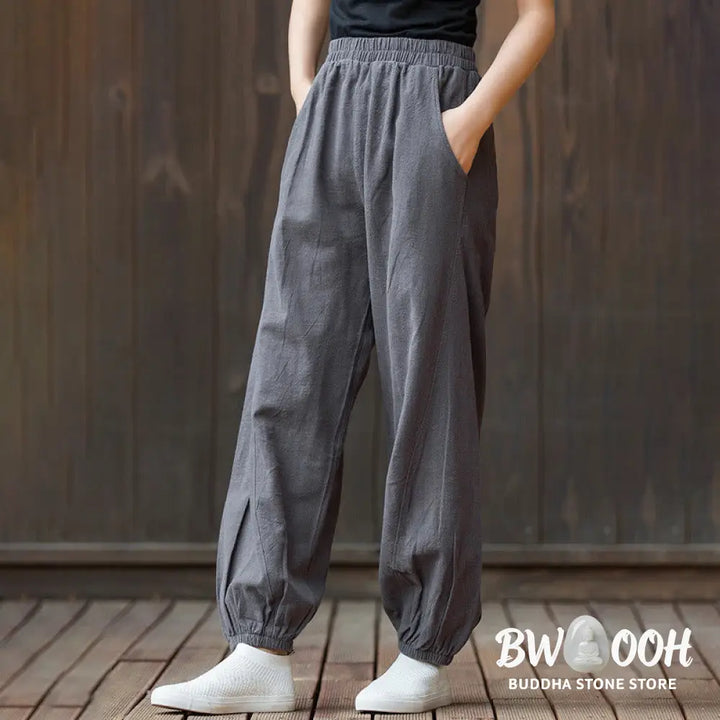Buddha Stones Casual Solid Plain Color Carrot Elastic Waistband Cotton Ramie Women’s Pants With Pockets - Women’s Pants