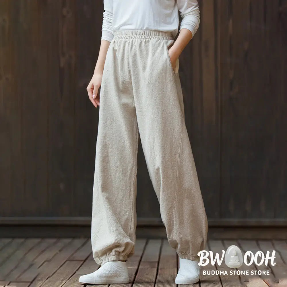 Buddha Stones Casual Solid Plain Color Carrot Elastic Waistband Cotton Ramie Women’s Pants With Pockets - Women’s Pants