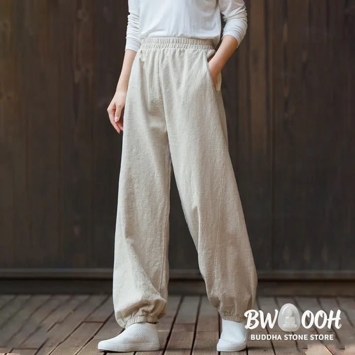 Buddha Stones Casual Solid Plain Color Carrot Elastic Waistband Cotton Ramie Women’s Pants With Pockets - Women’s Pants