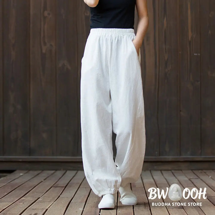 Buddha Stones Casual Solid Plain Color Carrot Elastic Waistband Cotton Ramie Women’s Pants With Pockets - Women’s Pants