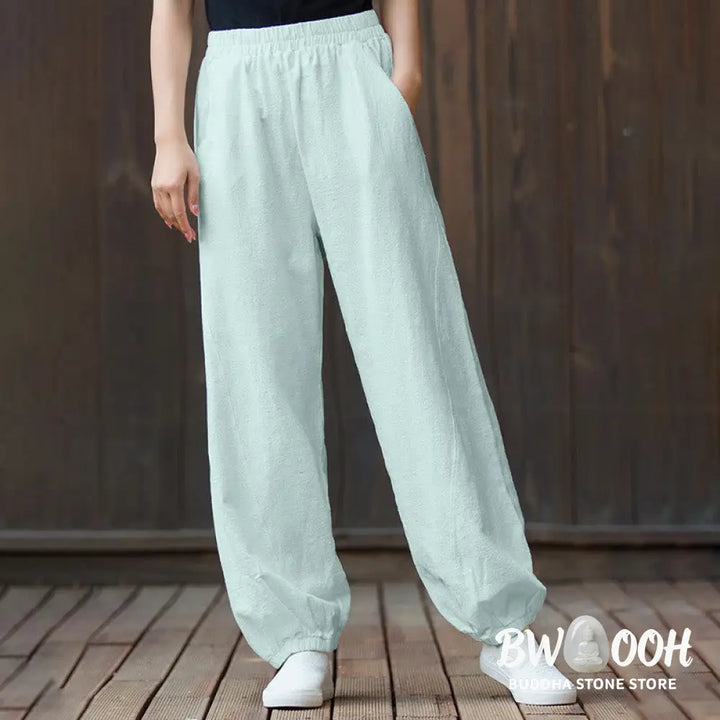 Buddha Stones Casual Solid Plain Color Carrot Elastic Waistband Cotton Ramie Women’s Pants With Pockets - Women’s Pants