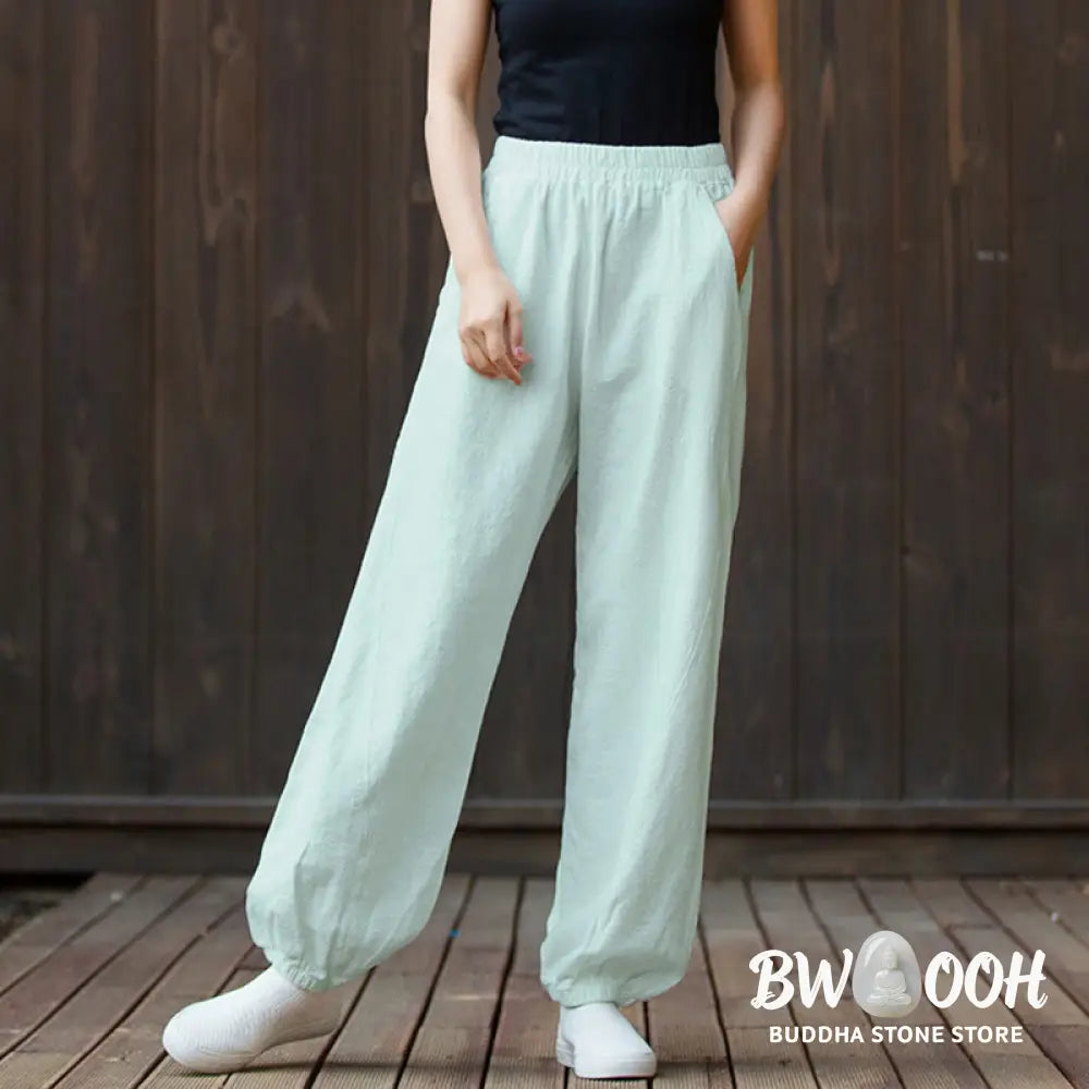 Buddha Stones Casual Solid Plain Color Carrot Elastic Waistband Cotton Ramie Women’s Pants With Pockets - Women’s Pants