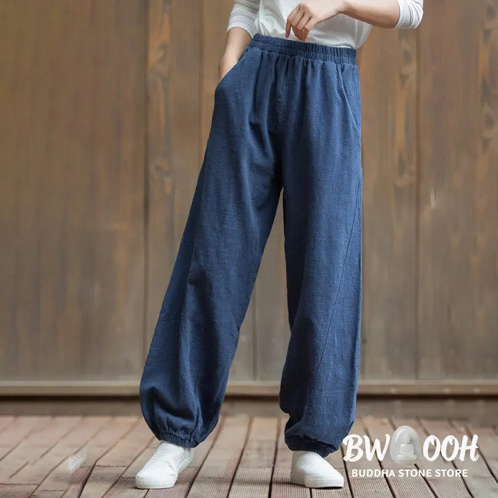 Buddha Stones Casual Solid Plain Color Carrot Elastic Waistband Cotton Ramie Women’s Pants With Pockets - Women’s Pants
