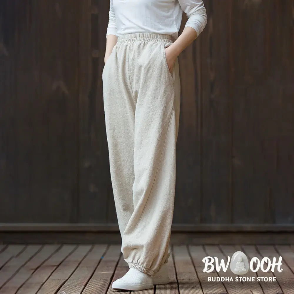 Buddha Stones Casual Solid Plain Color Carrot Elastic Waistband Cotton Ramie Women’s Pants With Pockets - Women’s Pants