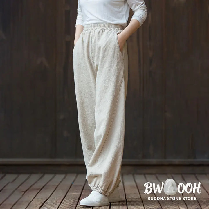Buddha Stones Casual Solid Plain Color Carrot Elastic Waistband Cotton Ramie Women’s Pants With Pockets - Women’s Pants