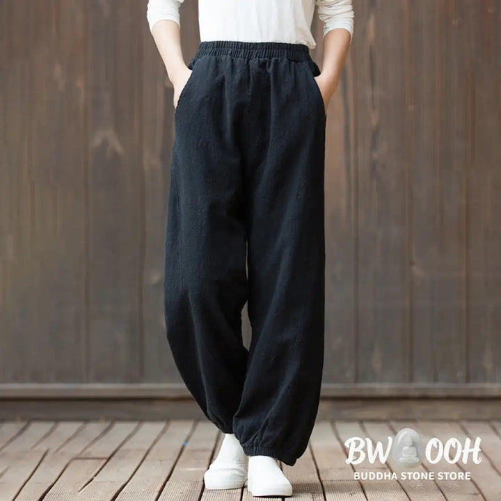 Buddha Stones Casual Solid Plain Color Carrot Elastic Waistband Cotton Ramie Women’s Pants With Pockets - Women’s Pants