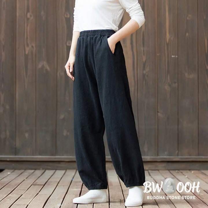 Buddha Stones Casual Solid Plain Color Carrot Elastic Waistband Cotton Ramie Women’s Pants With Pockets - Women’s Pants