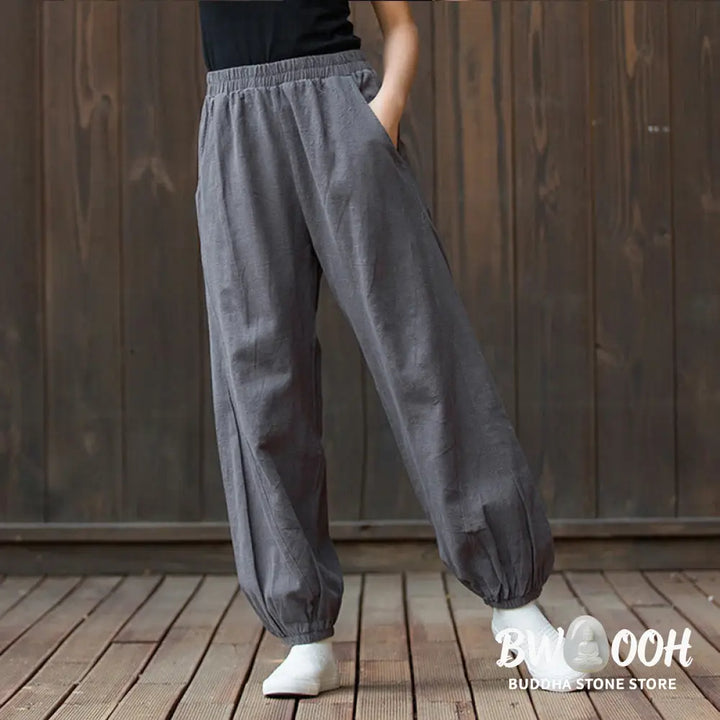Buddha Stones Casual Solid Plain Color Carrot Elastic Waistband Cotton Ramie Women’s Pants With Pockets - Women’s Pants