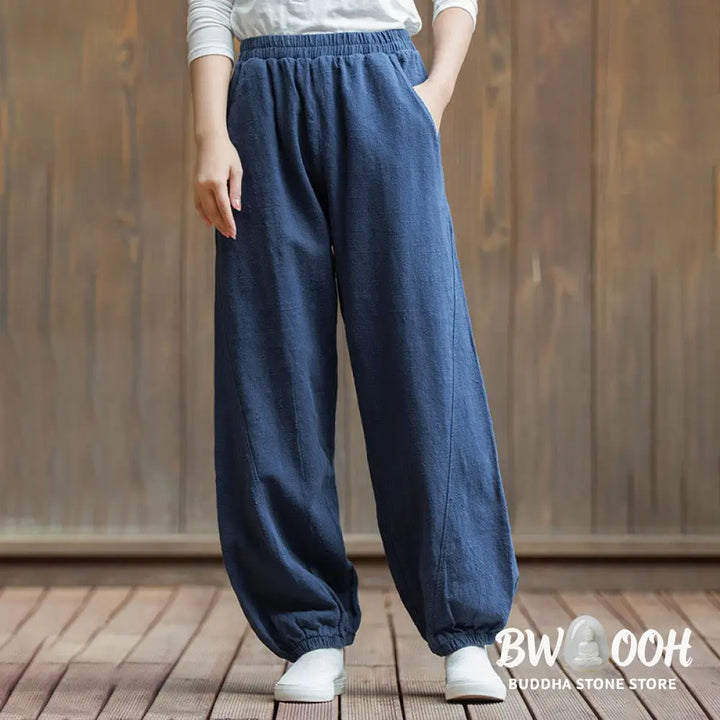 Buddha Stones Casual Solid Plain Color Carrot Elastic Waistband Cotton Ramie Women’s Pants With Pockets - Women’s Pants