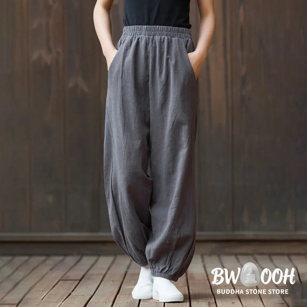 Buddha Stones Casual Solid Plain Color Carrot Elastic Waistband Cotton Ramie Women’s Pants With Pockets - Women’s Pants