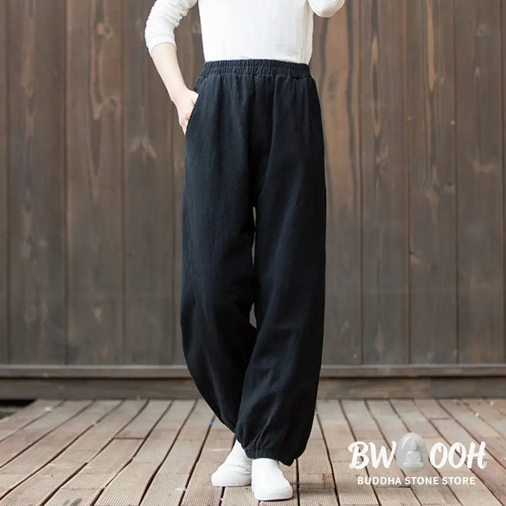 Buddha Stones Casual Solid Plain Color Carrot Elastic Waistband Cotton Ramie Women’s Pants With Pockets - Women’s Pants