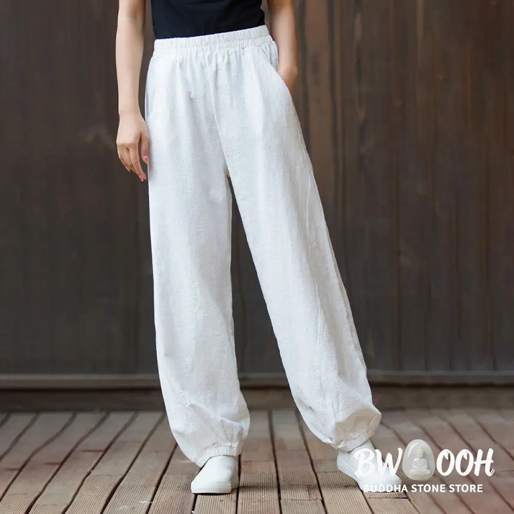 Buddha Stones Casual Solid Plain Color Carrot Elastic Waistband Cotton Ramie Women’s Pants With Pockets - Women’s Pants