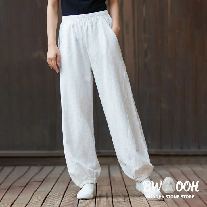 Buddha Stones Casual Solid Plain Color Carrot Elastic Waistband Cotton Ramie Women’s Pants With Pockets - Women’s Pants