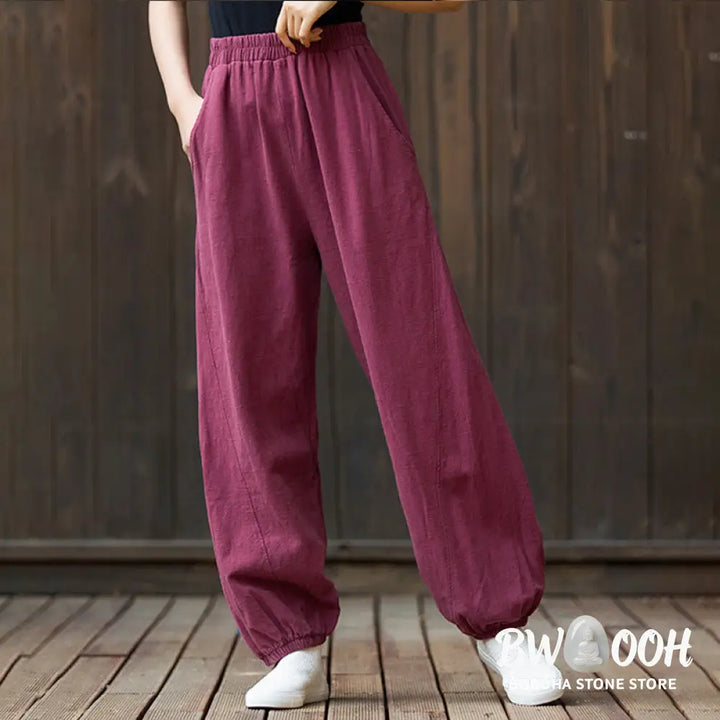 Buddha Stones Casual Solid Plain Color Carrot Elastic Waistband Cotton Ramie Women’s Pants With Pockets - Women’s Pants