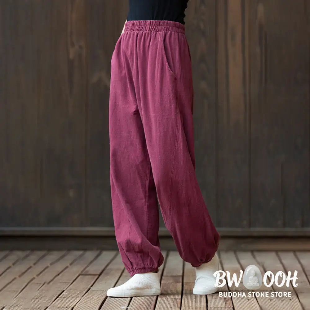 Buddha Stones Casual Solid Plain Color Carrot Elastic Waistband Cotton Ramie Women’s Pants With Pockets - Women’s Pants