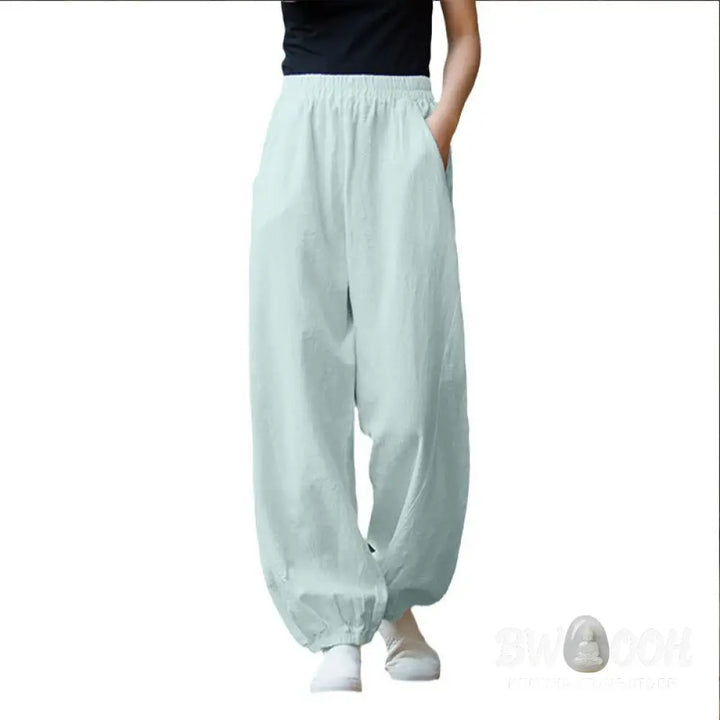 Buddha Stones Casual Solid Plain Color Carrot Elastic Waistband Cotton Ramie Women’s Pants With Pockets - Women’s Pants