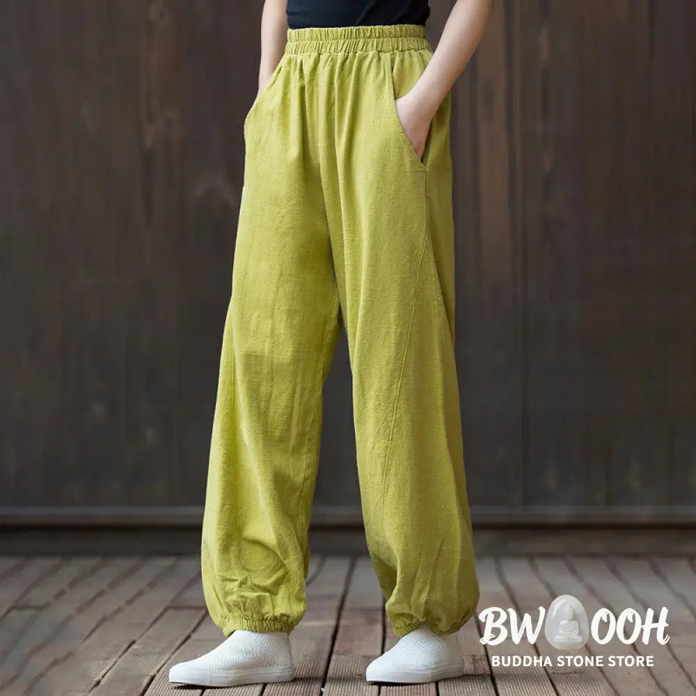Buddha Stones Casual Solid Plain Color Carrot Elastic Waistband Cotton Ramie Women’s Pants With Pockets - Women’s Pants
