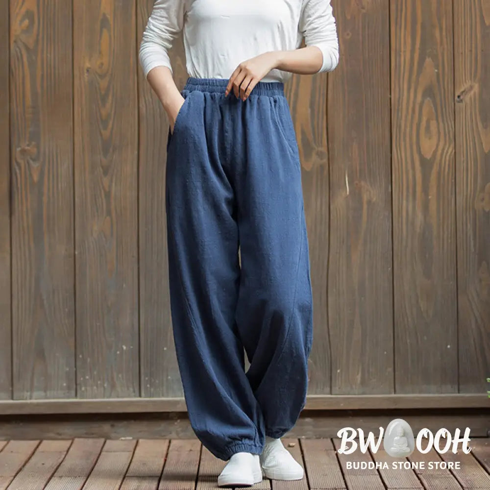 Buddha Stones Casual Solid Plain Color Carrot Elastic Waistband Cotton Ramie Women’s Pants With Pockets - Women’s Pants