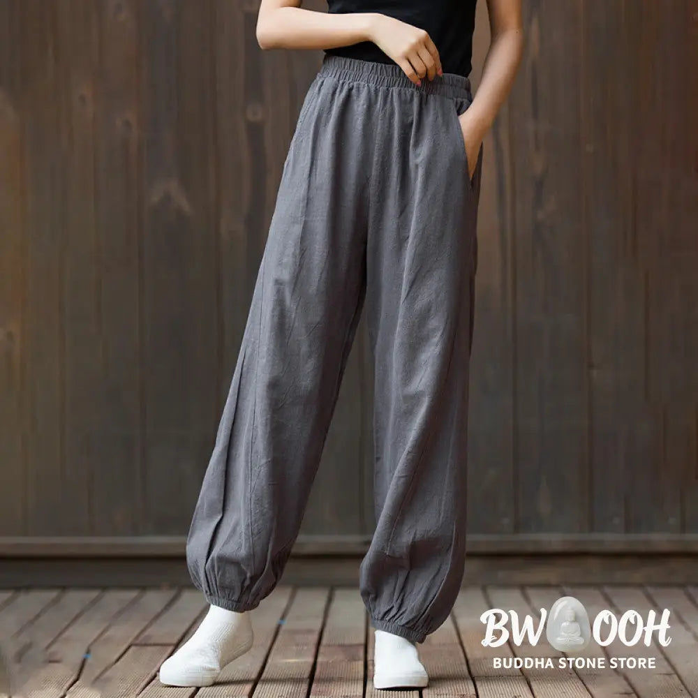 Buddha Stones Casual Solid Plain Color Carrot Elastic Waistband Cotton Ramie Women’s Pants With Pockets - Women’s Pants