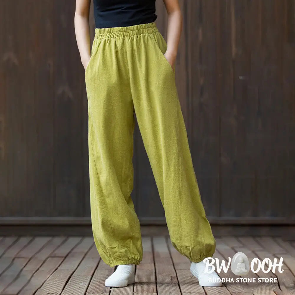 Buddha Stones Casual Solid Plain Color Carrot Elastic Waistband Cotton Ramie Women’s Pants With Pockets - Women’s Pants