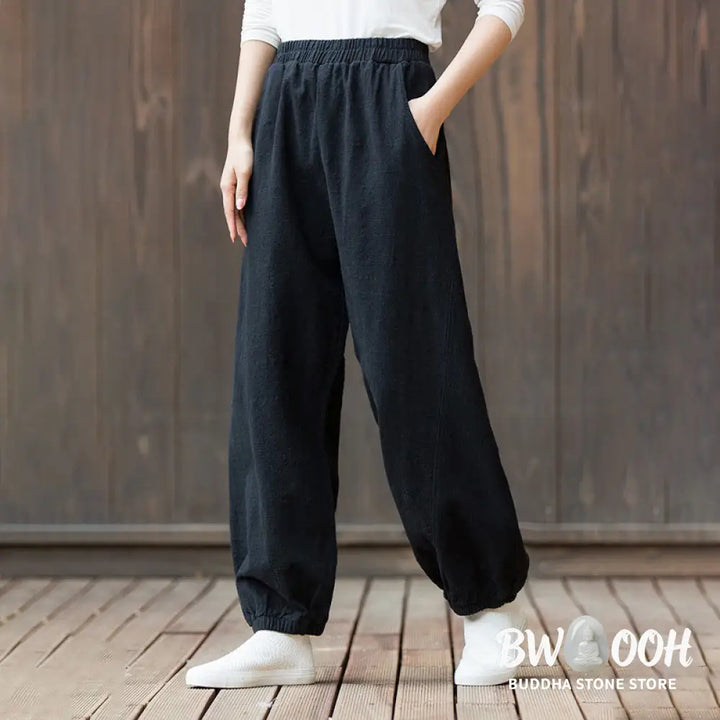 Buddha Stones Casual Solid Plain Color Carrot Elastic Waistband Cotton Ramie Women’s Pants With Pockets - Women’s Pants