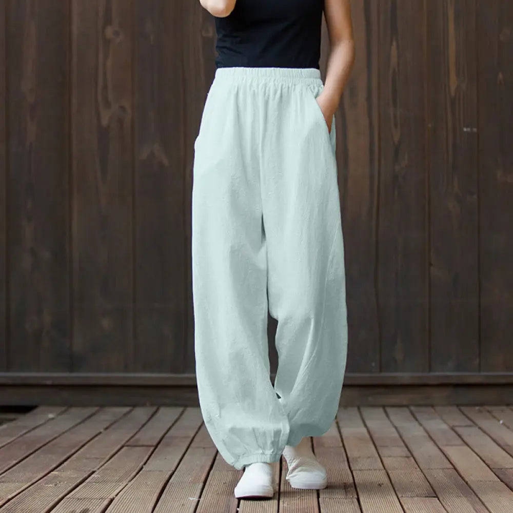 Buddha Stones Casual Solid Plain Color Carrot Elastic Waistband Cotton Ramie Women’s Pants With Pockets - Aquamarine